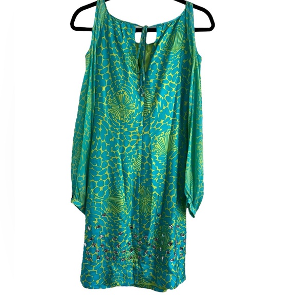 Lilly Pulitzer Dress Cold Shoulder Silk Long Sleeve Jewel Green Blue Size 4 - Picture 3 of 12